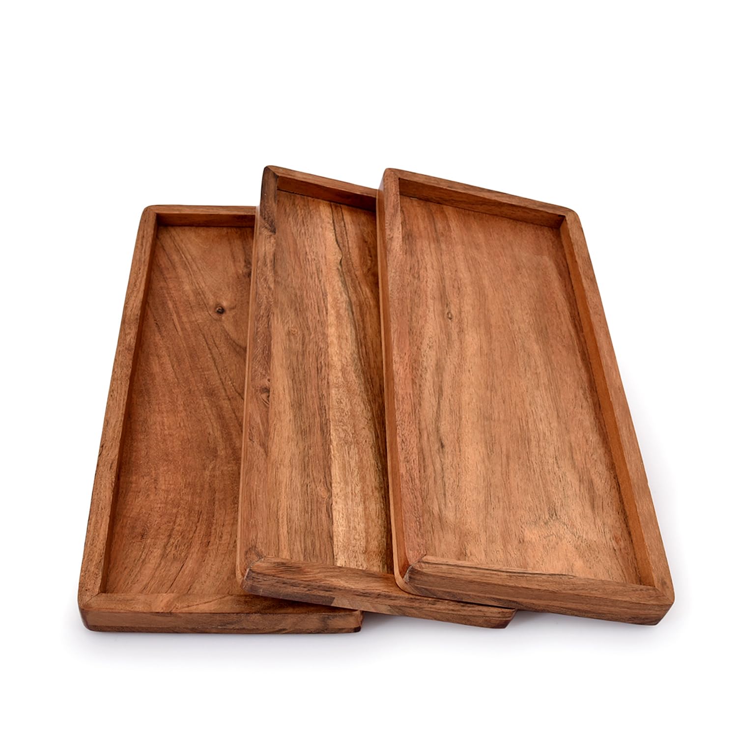 NIRMAN Acacia rectangular platter 13x5.5 inches with raised lip for mess-free serving.