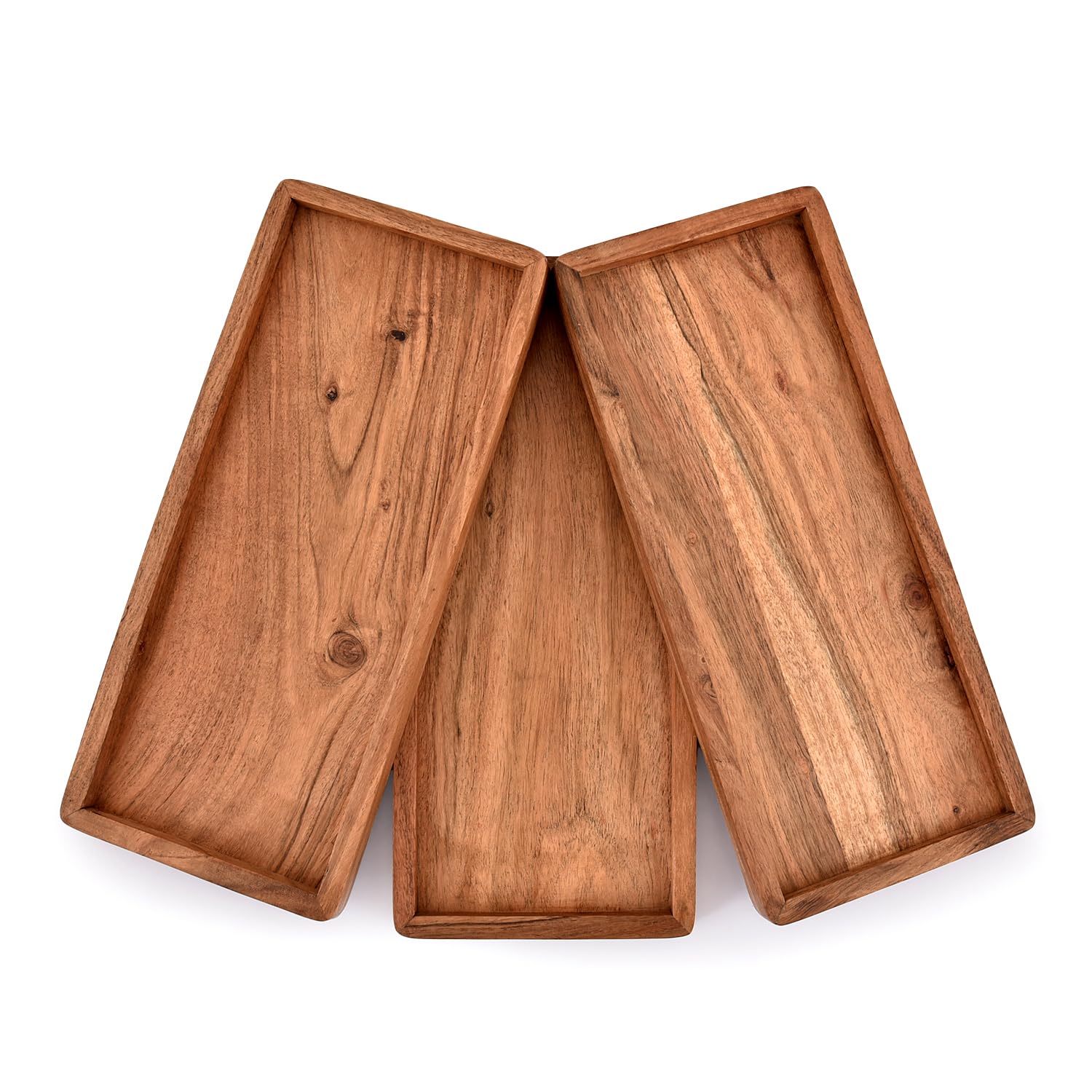 NIRMAN Acacia wood rectangular platter highlighting unique grain and hand-finished artistry.