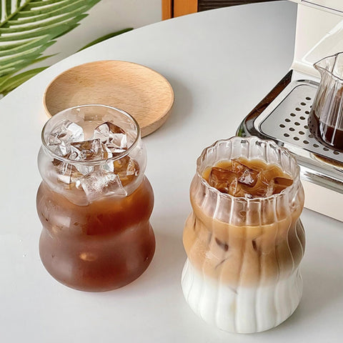 Nirvany ribbed glass cup with wave design, ideal for iced coffee and hot tea