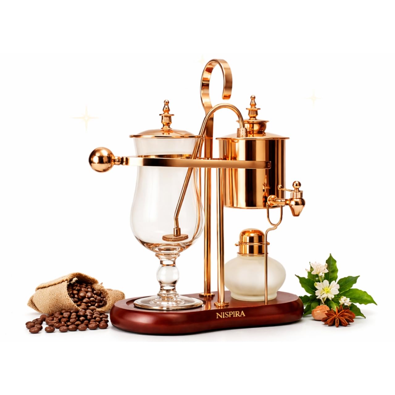 Nispira Balance Siphon copper front view, elegant ritual brewing showcased
