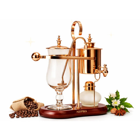 Nispira Balance Siphon copper front view, elegant ritual brewing showcased