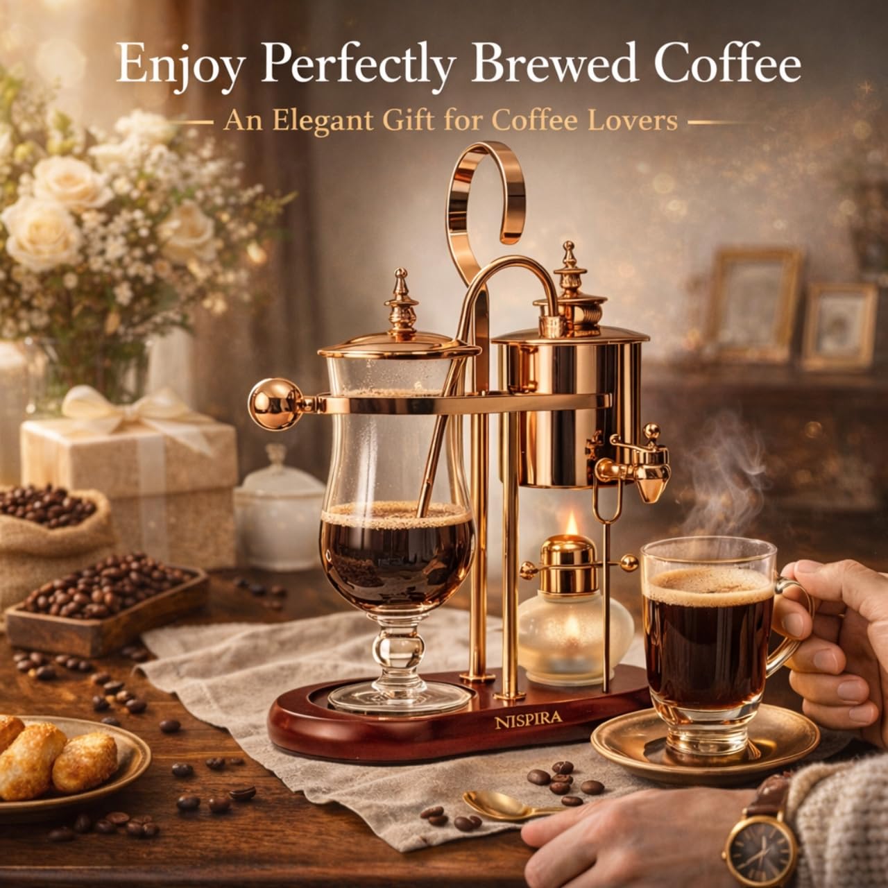 Nispira Balance Siphon copper table display adds style to kitchen
