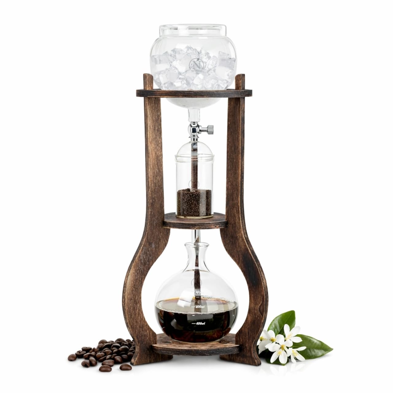 Nispira iced coffee drip tower shows a smooth, low-acid brew setup.
