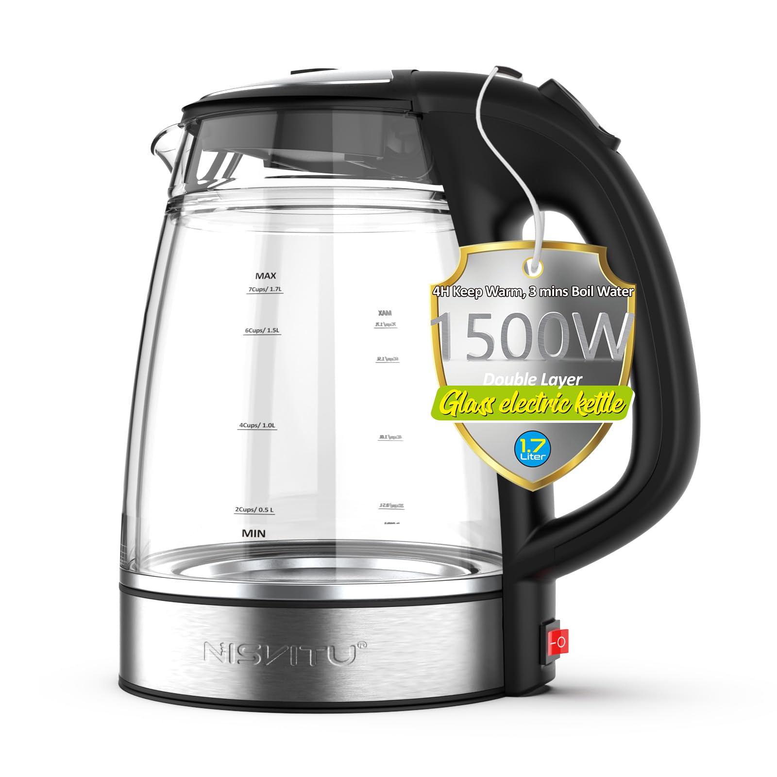 NISVITU glass outer and stainless inner cordless kettle for safe operation