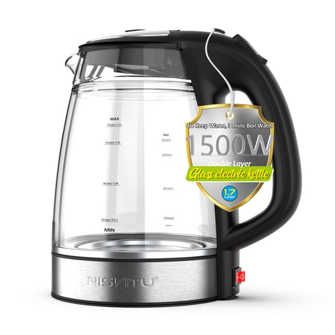 NISVITU glass outer and stainless inner cordless kettle for safe operation