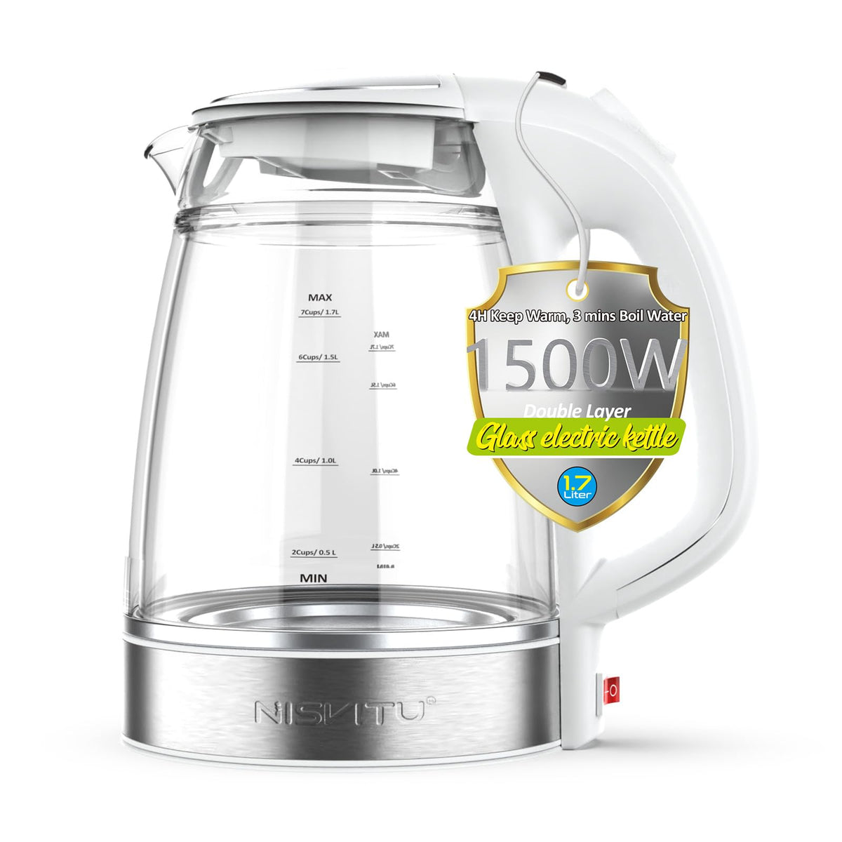 NISVITU glass-stainless kettle viewed from the front for safe quick boiling.
