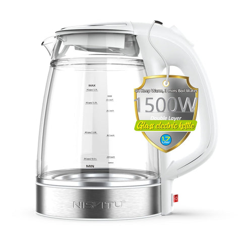 NISVITU glass-stainless kettle viewed from the front for safe quick boiling.