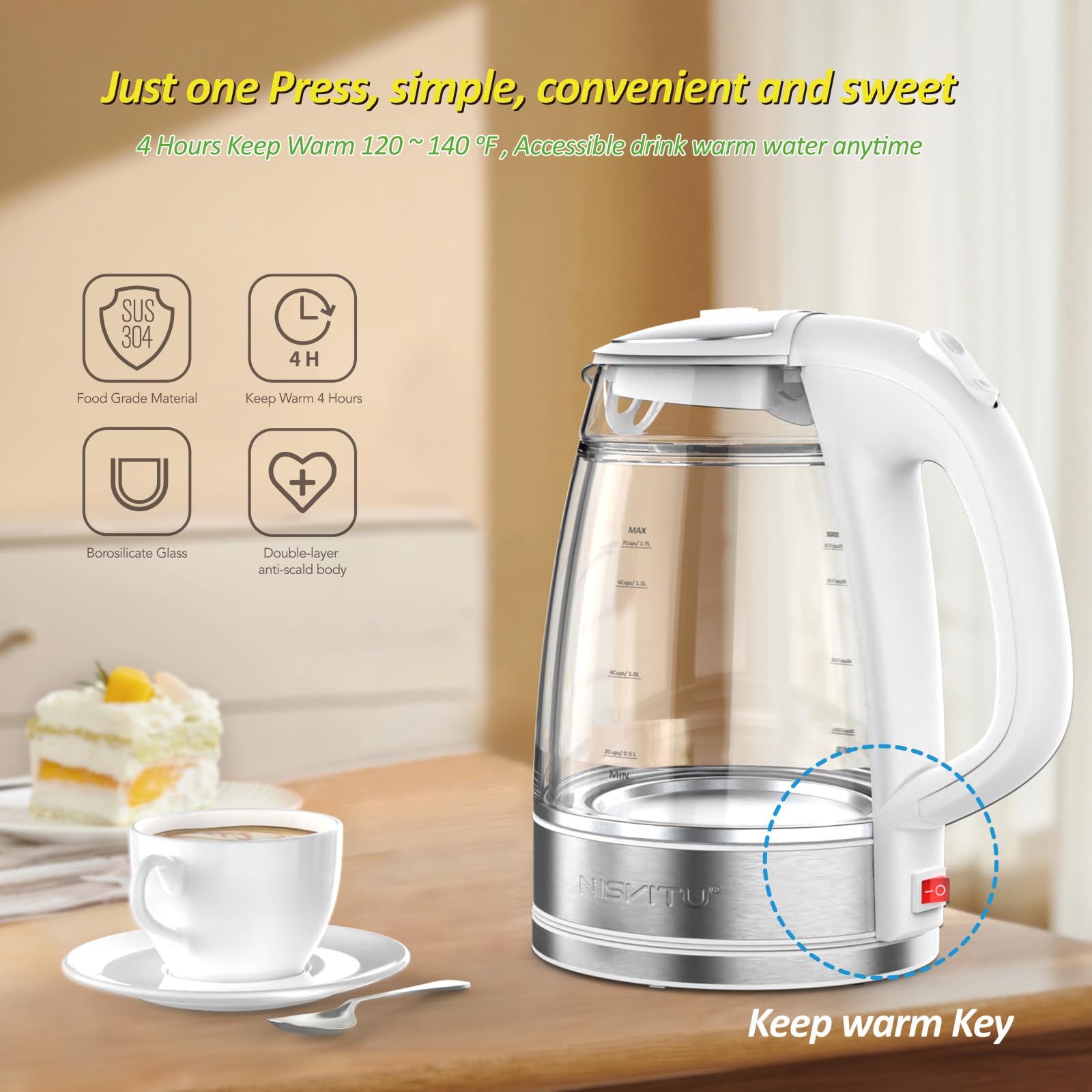 NISVITU keep-warm one-touch feature for convenient hot water maintenance.