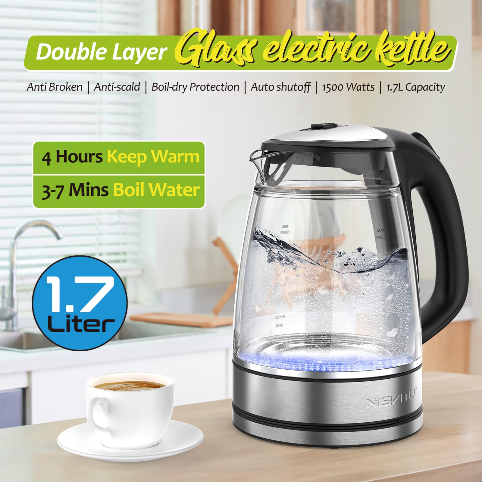 NISVITU 1500W rapid boil, 1.7L capacity displayed in a modern kitchen