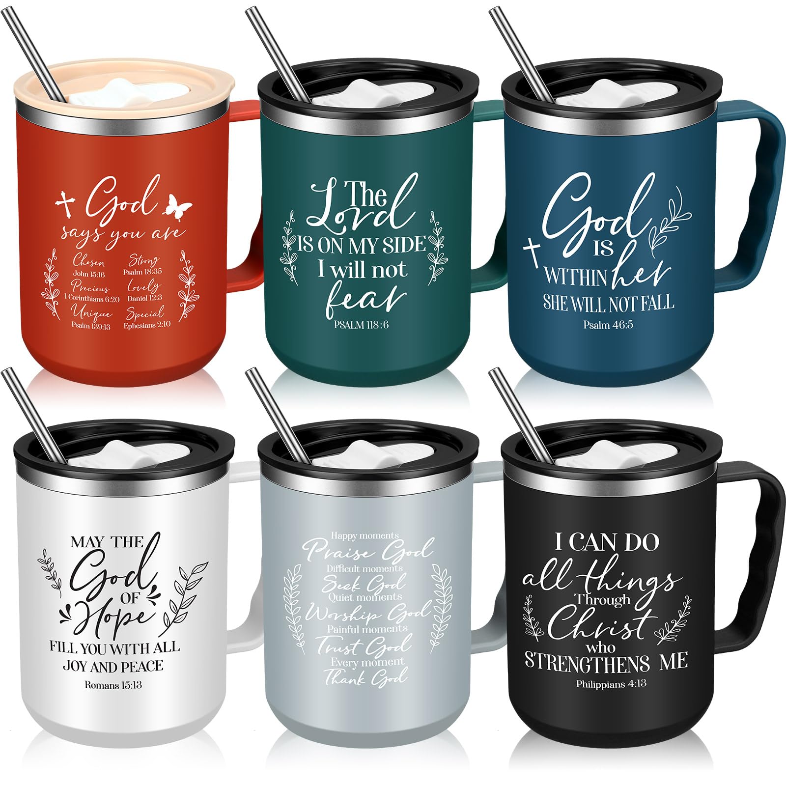 Nitial Christian mug set with six colorful tumblers and lids for daily inspiration