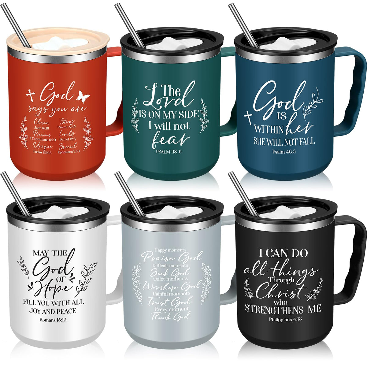 Nitial Christian mug set with six colorful tumblers and lids for daily inspiration
