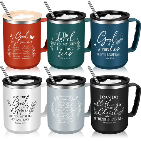 Nitial Christian mug set with six colorful tumblers and lids for daily inspiration
