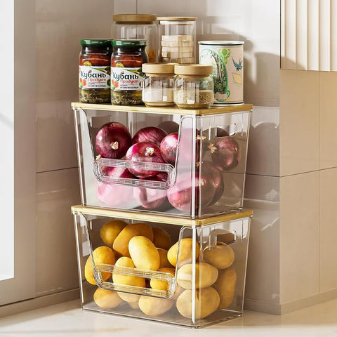 NITOOR bamboo lid and drain tray for front-access potato storage.