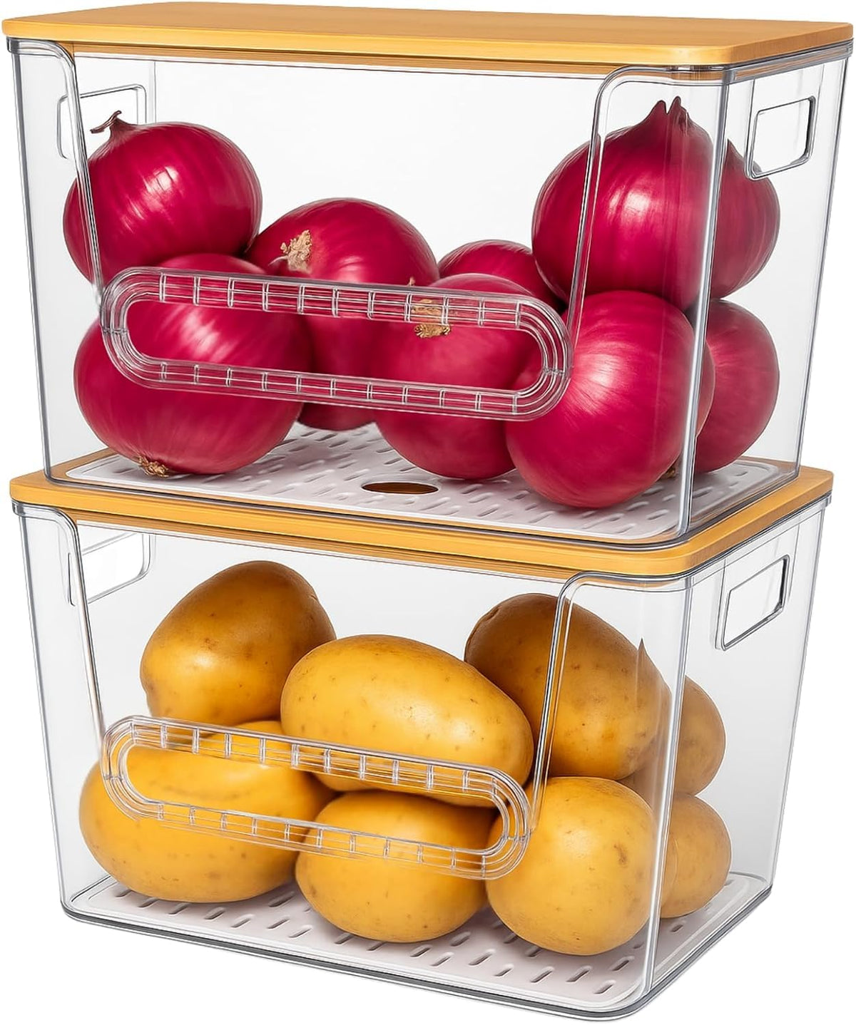 NITOOR pantry organizers with stackable clear bins for tidy kitchen storage.