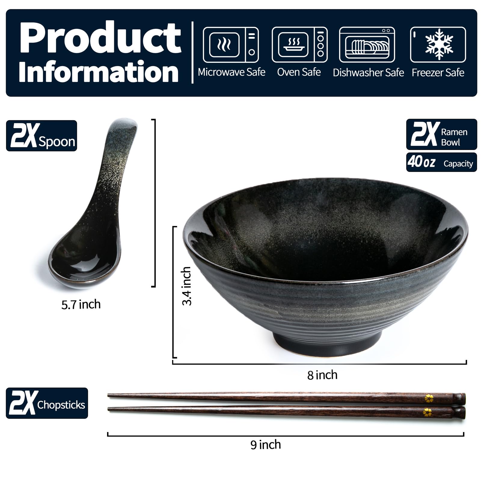 Niturceal ramen bowl collection black, elegant set for everyday dinners