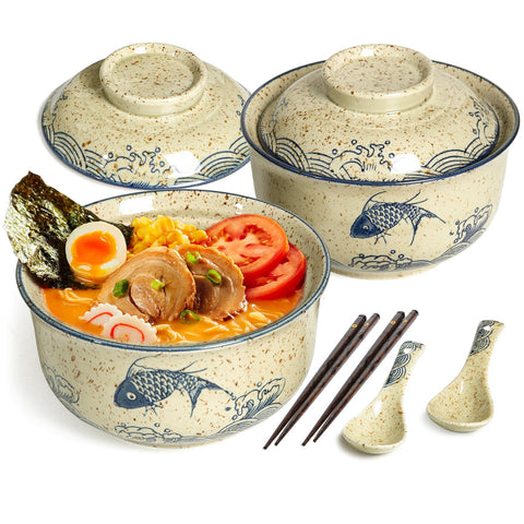 Niturceal ramen bowl set with lids for convenient two-serving meals.
