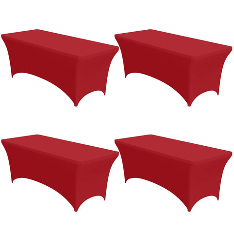 Niuara red spandex tablecloth on a 6ft rectangle table, wrinkle-resistant and ready for events