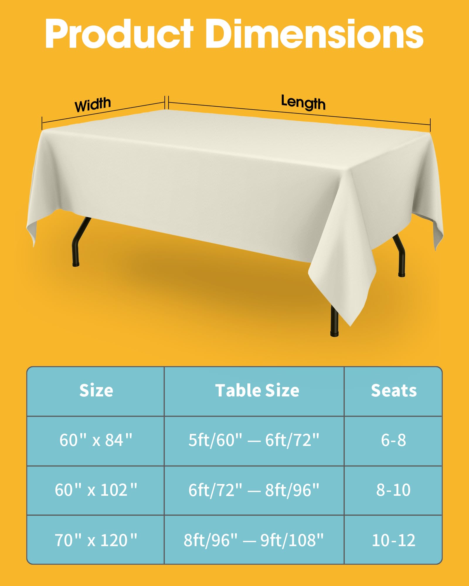 Six-pack Niuara ivory rectangle tablecloths arranged on a table