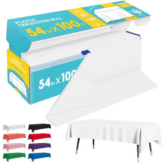 Niuara white table cover roll, 54in by 100ft, protects surfaces during events.