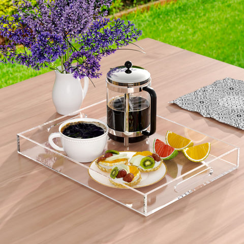 NIUBEE clear tray on an ottoman or coffee table for organization