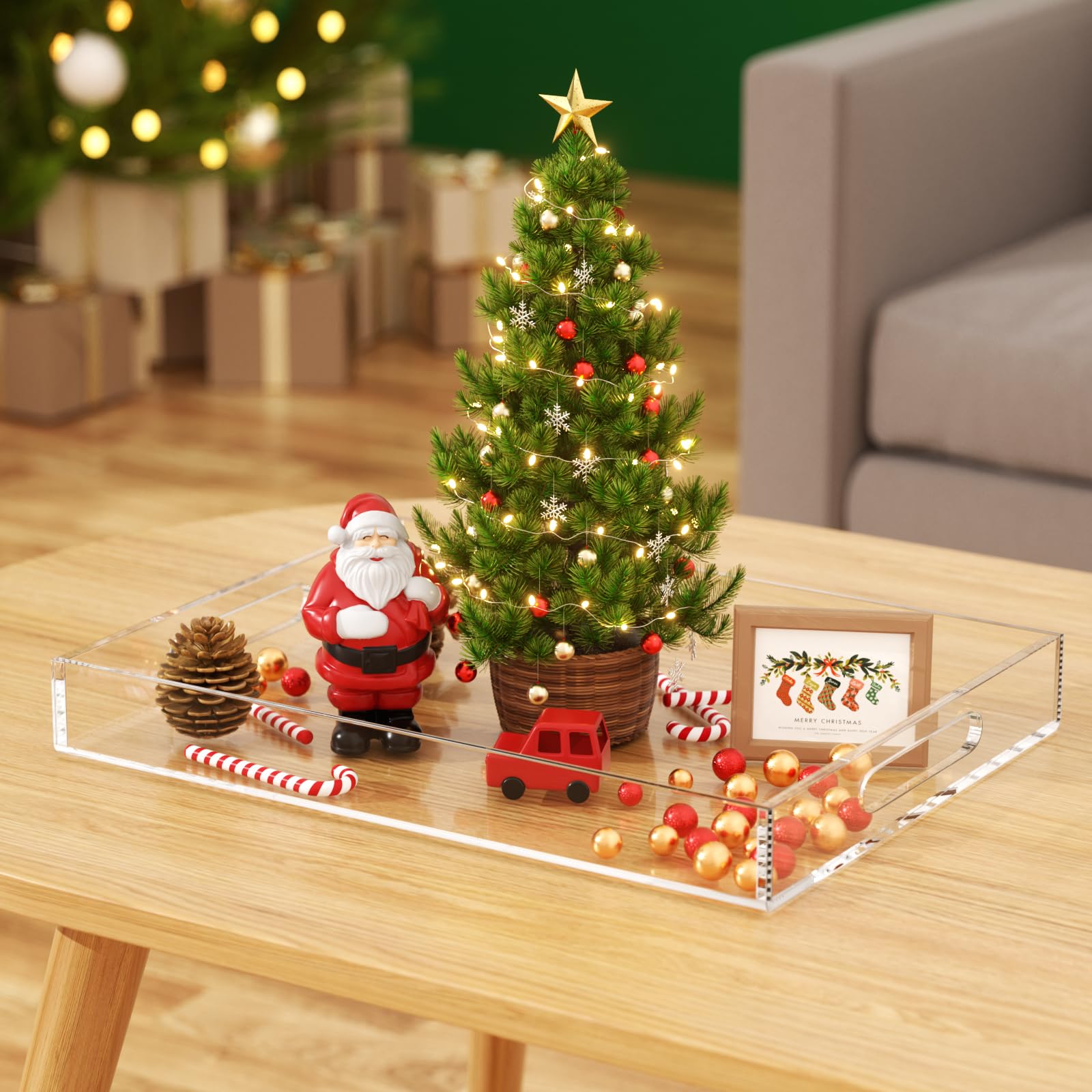 Transparent tray organizing remotes, magazines, and small items on a dresser