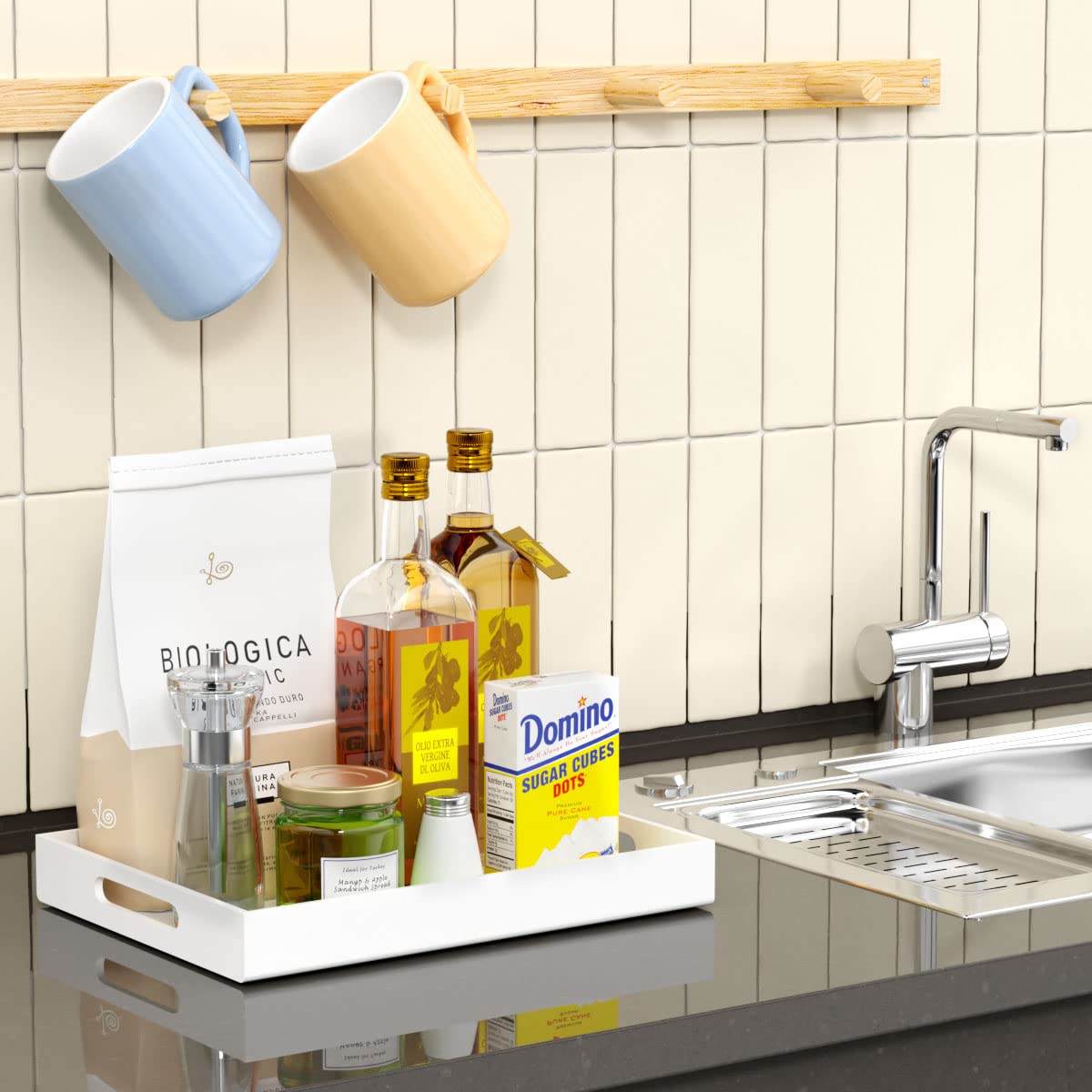 NIUBEE tray placed under an espresso maker protects countertops