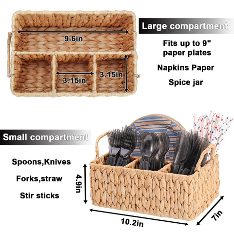 Compartment layout showing 1 large and 3 small sections for utensils and napkins