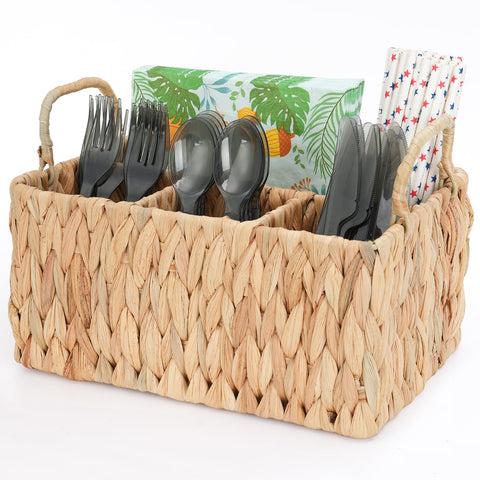 Niuirt Wicker Party Silverware Caddy in full view on counter for organized serving