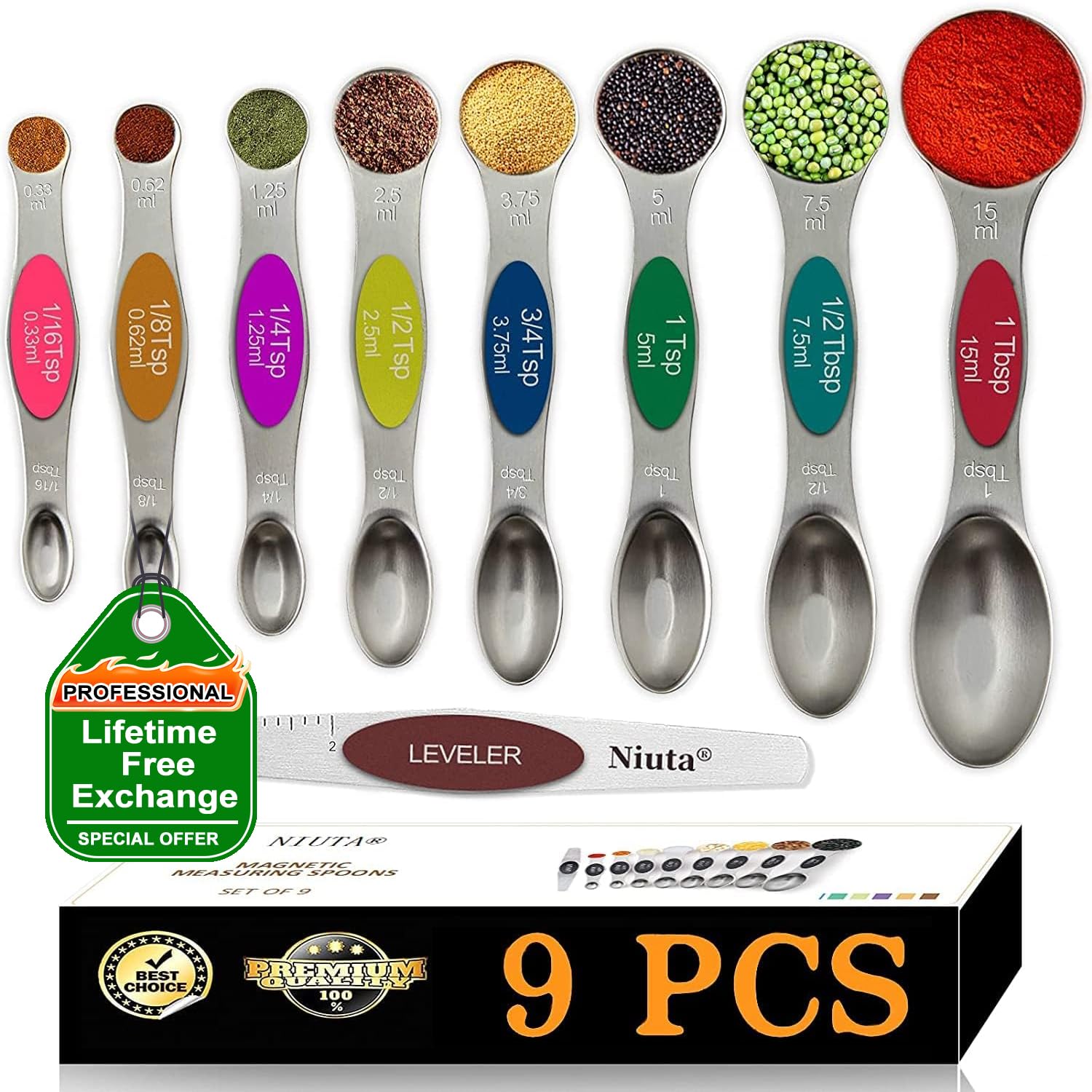 NIUTA magnetic measuring spoons set, 9 pieces, double-ended for precise spice and liquid measurements