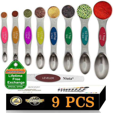 NIUTA magnetic measuring spoons set, 9 pieces, double-ended for precise spice and liquid measurements