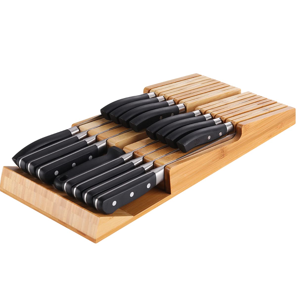 NIUXX bamboo drawer knife block with 16 slots keeps knives organized and accessible.
