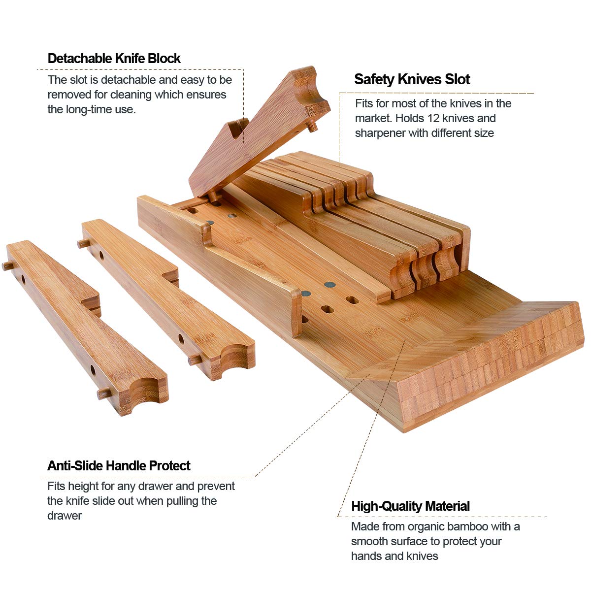 NIUXX bamboo drawer organizer close-up shows sturdy, eco-friendly construction.