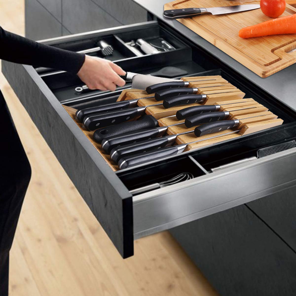 NIUXX horizontal knife slots improve access and reduce blade wear.