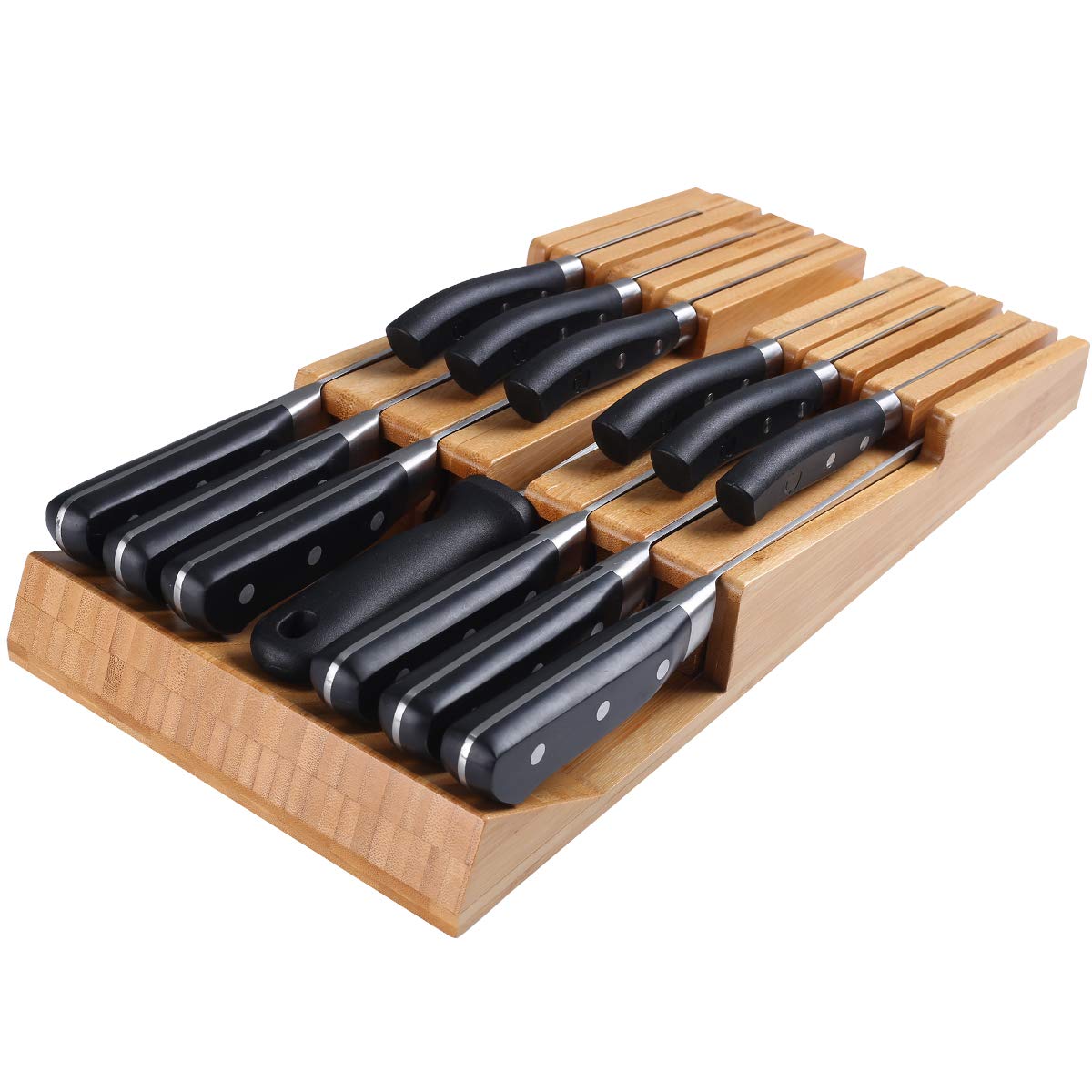 NIUXX bamboo in-drawer knife block with 12 slots keeps blades organized.