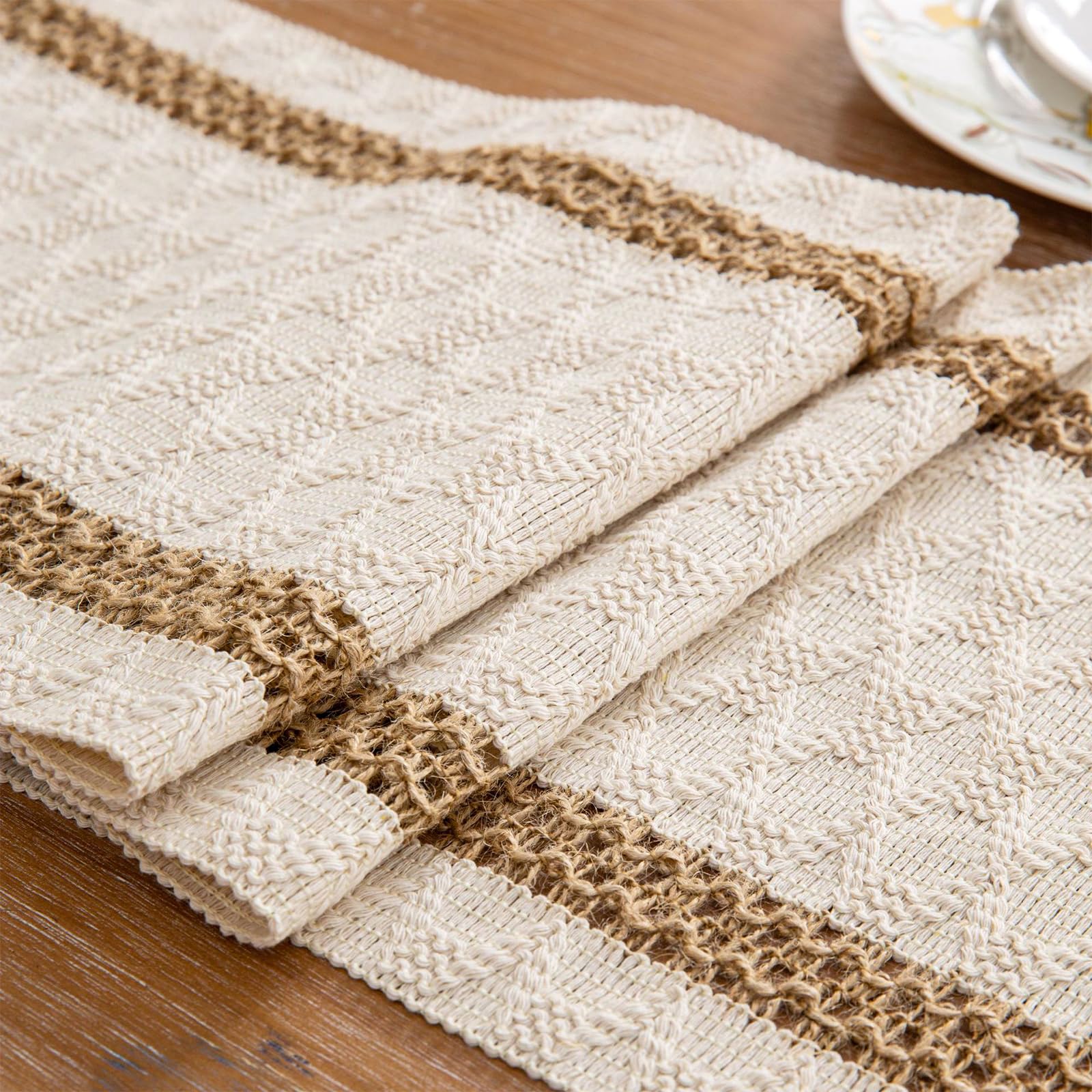 Niviy Boho table runner front view with cream and brown tones for elegant dining