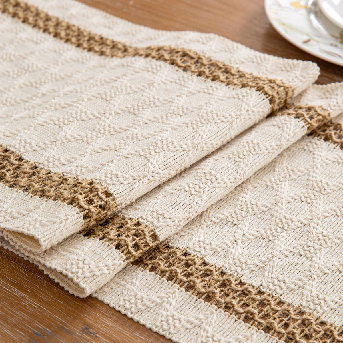 Niviy Boho table runner front view with cream and brown tones for elegant dining