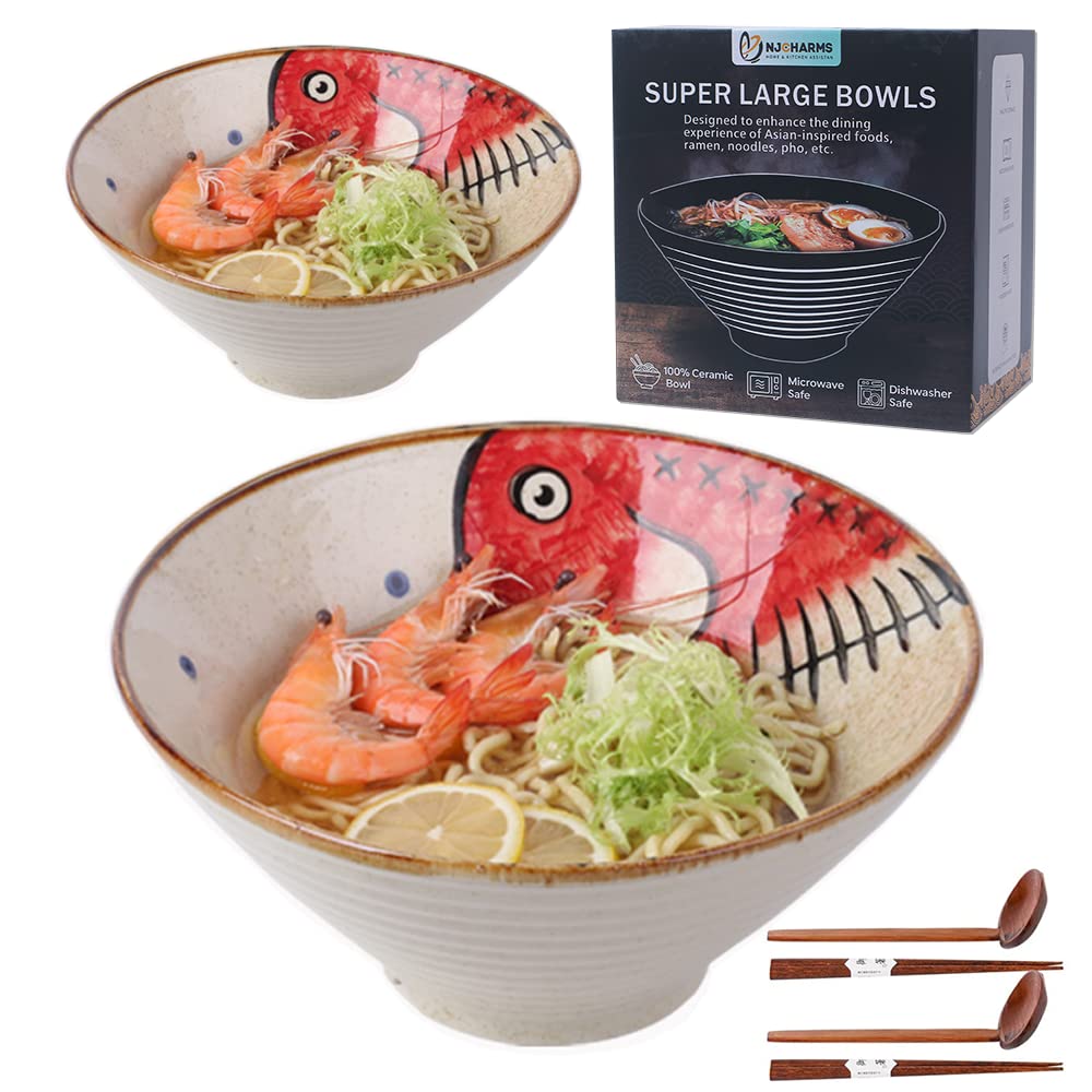 NJCHARMS ceramic ramen bowl set shown as a 6-piece set, ideal for family meals.