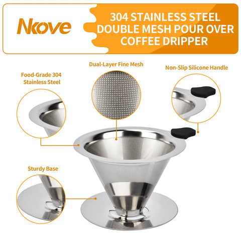 Nkove dripper shown as dishwasher-safe for quick cleaning.