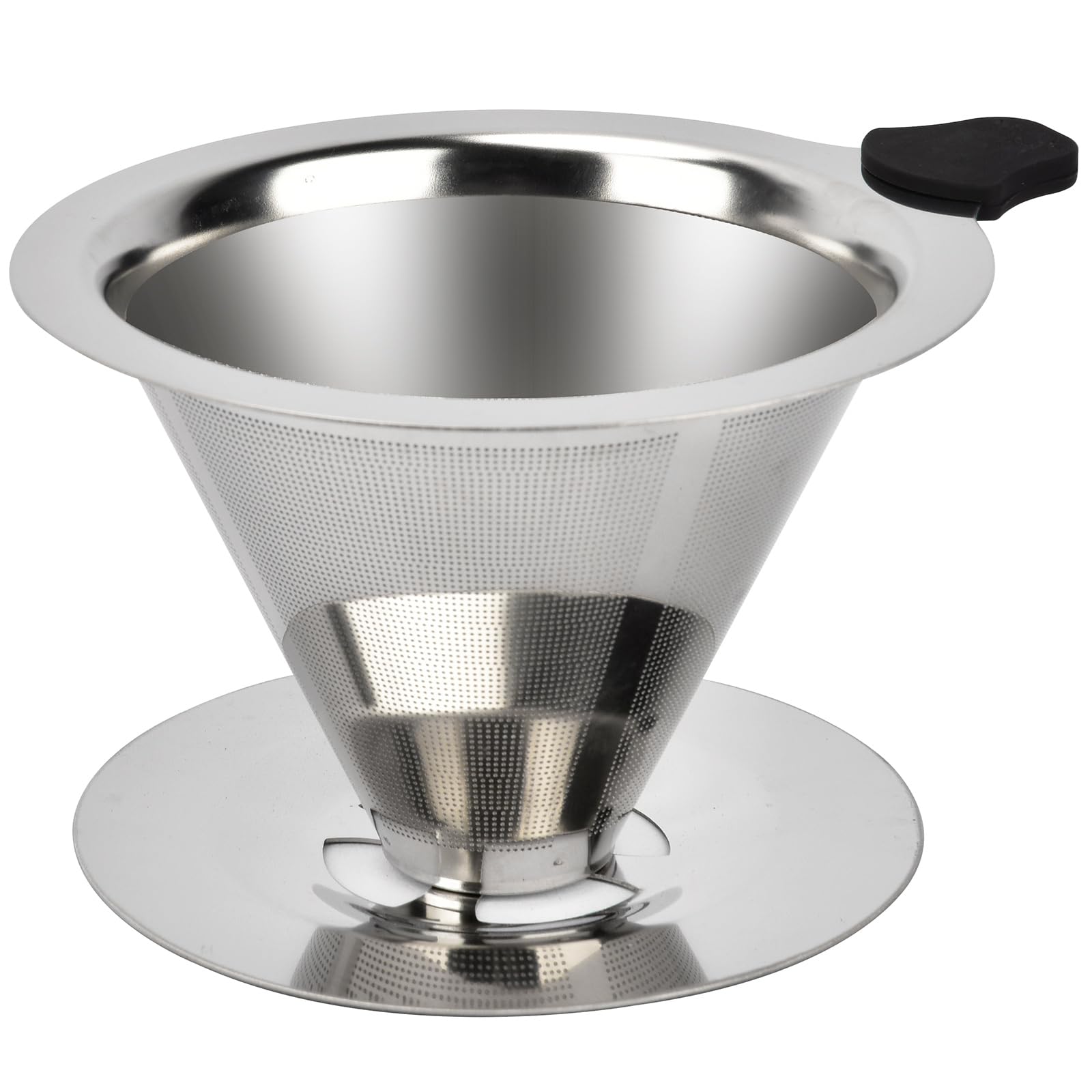 Nkove pour-over dripper in stainless steel for rich, aromatic brews.