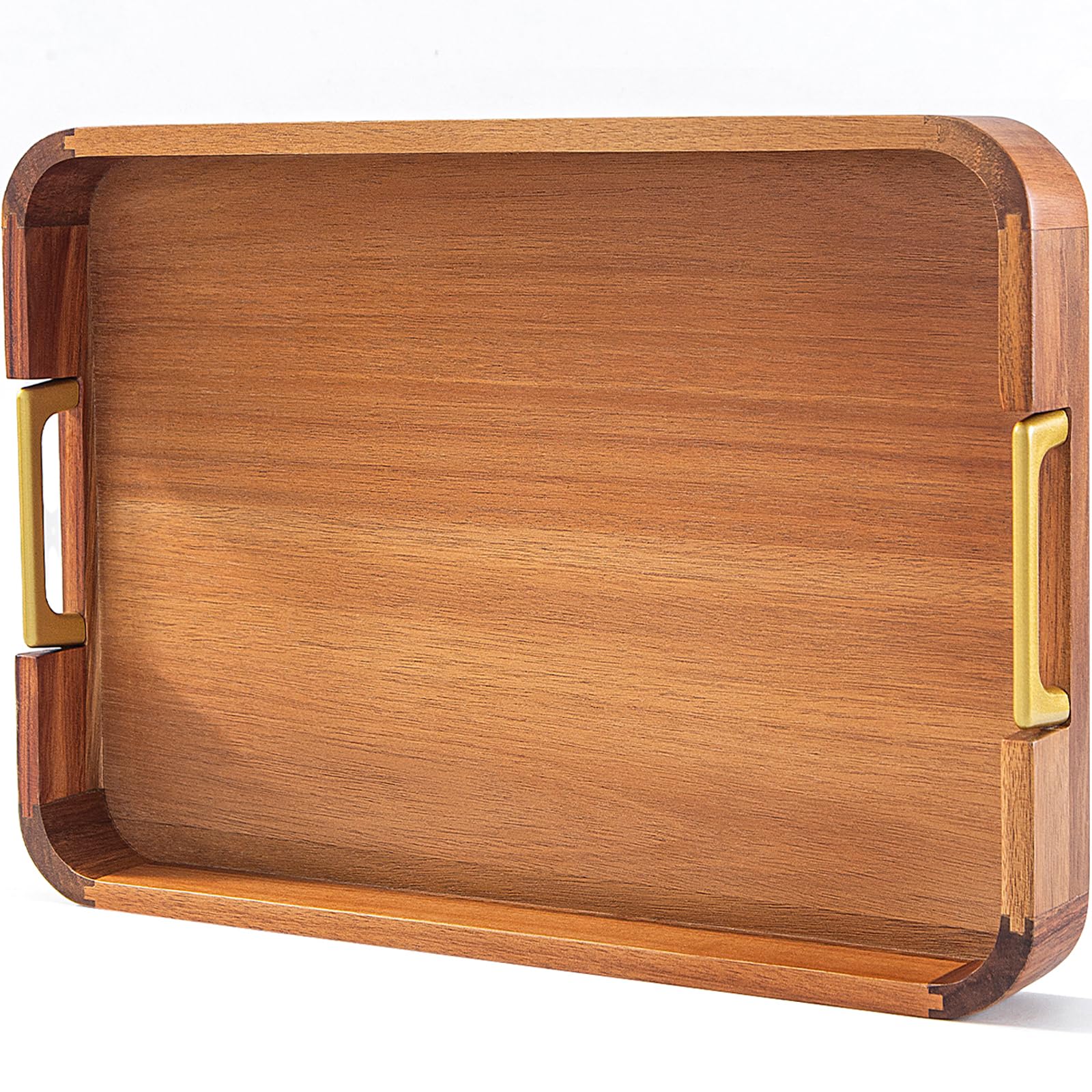 NLHL Acacia wood serving tray with metal handles for easy transport and presentation.