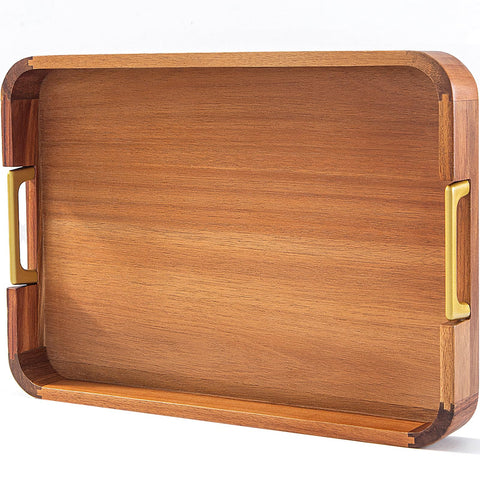 NLHL Acacia wood serving tray with metal handles for easy transport and presentation.
