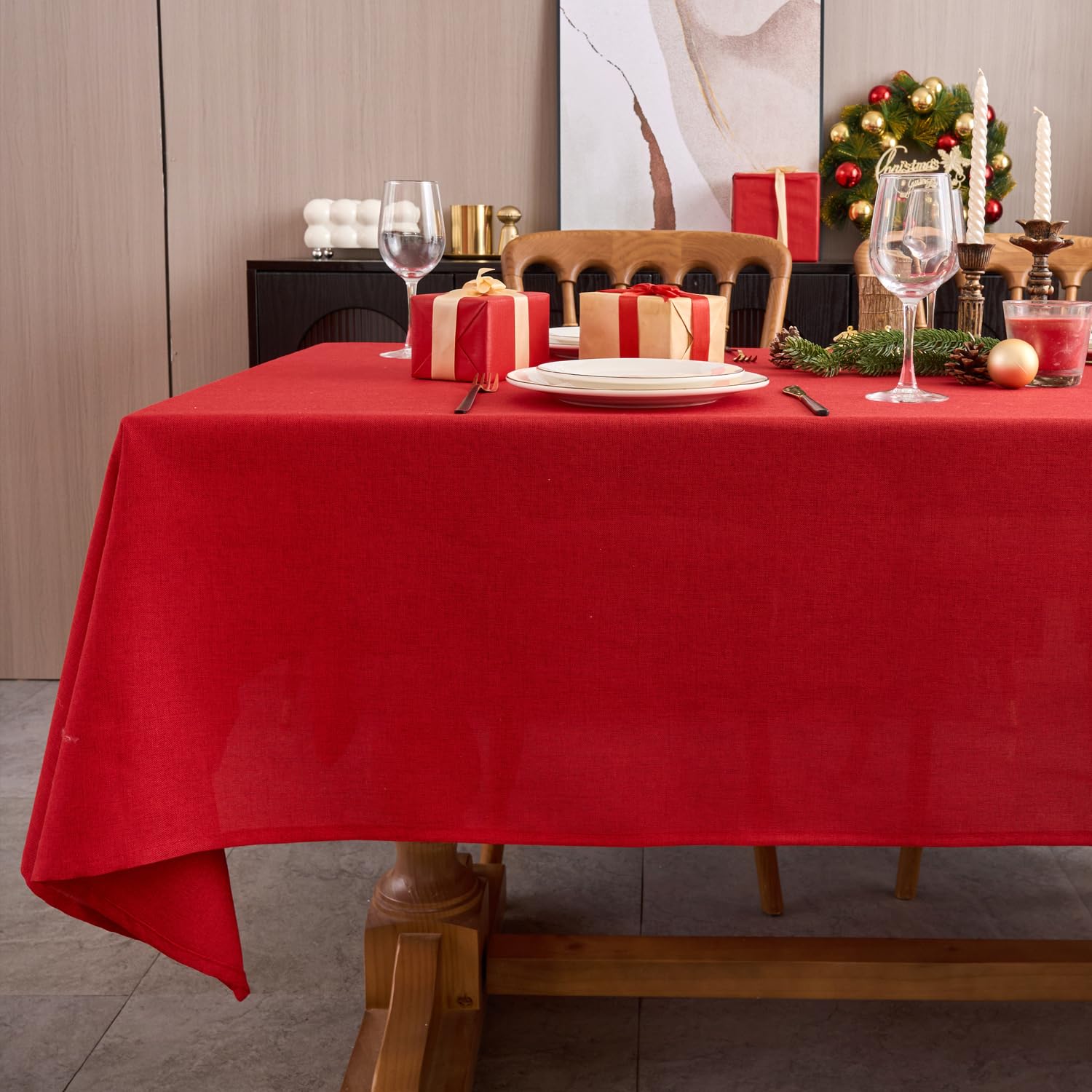 NLMUVW red linen tablecloth folded, protective and ready for storage.