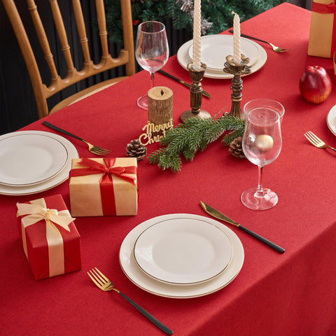 NLMUVW red linen tablecloth on dining table, enhances elegance and spill protection.