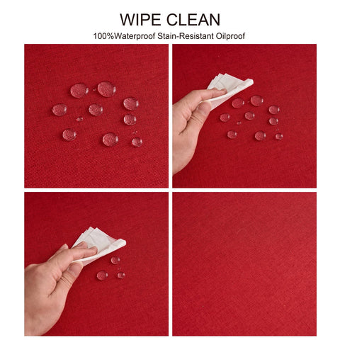 NLMUVW red linen tablecloth showing spill protection for family meals.