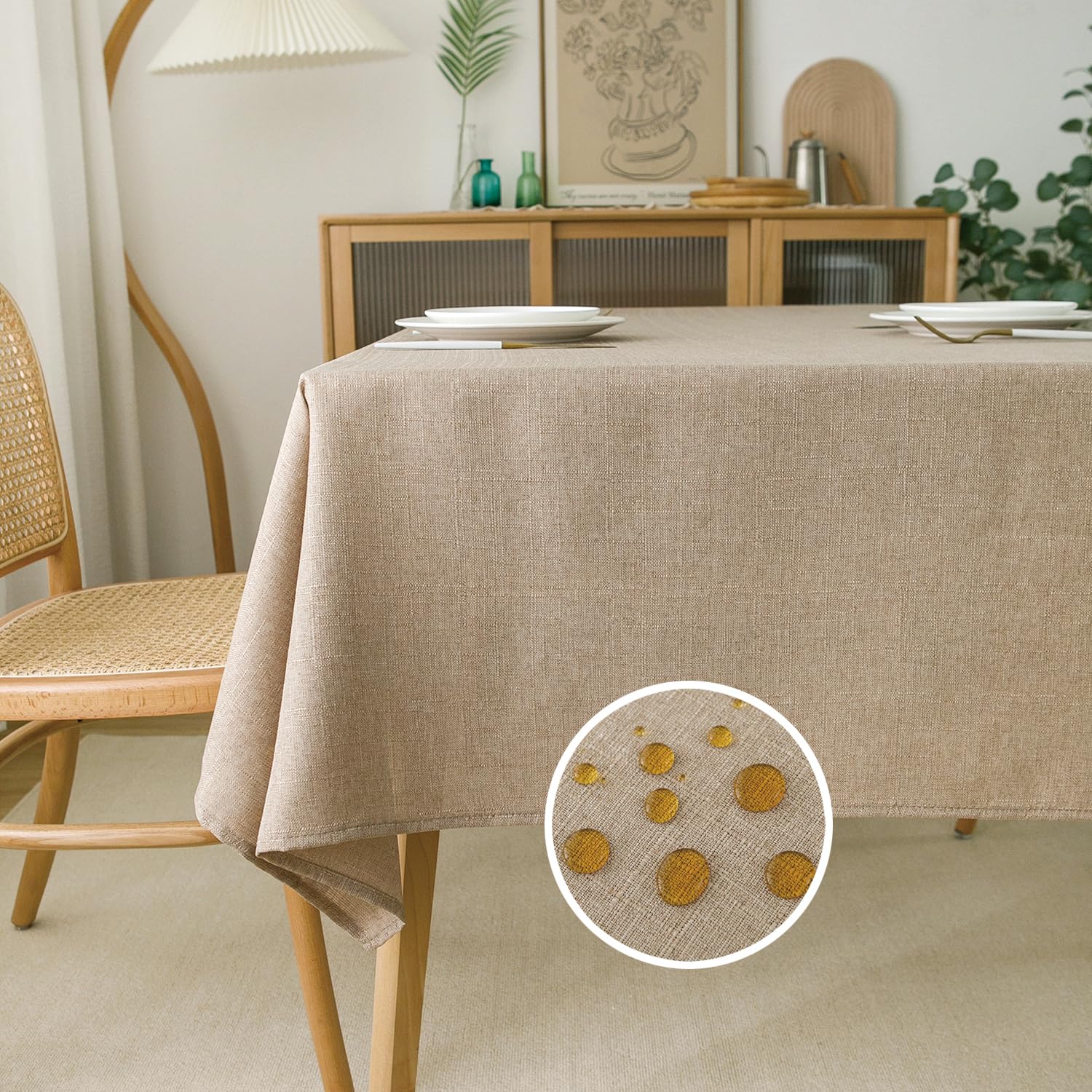 NLMUVW tan linen table cloth close-up texture for elegant dining.