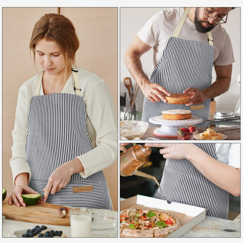 NLUS blue pinstripe apron, back view highlights adjustable neck strap for a comfortable fit.