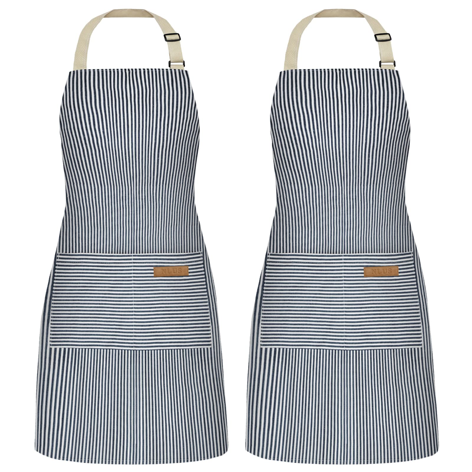 NLUS 2 Pack blue pinstripe apron, front view showing protective coverage during cooking.
