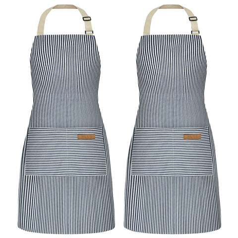 NLUS 2 Pack blue pinstripe apron, front view showing protective coverage during cooking.