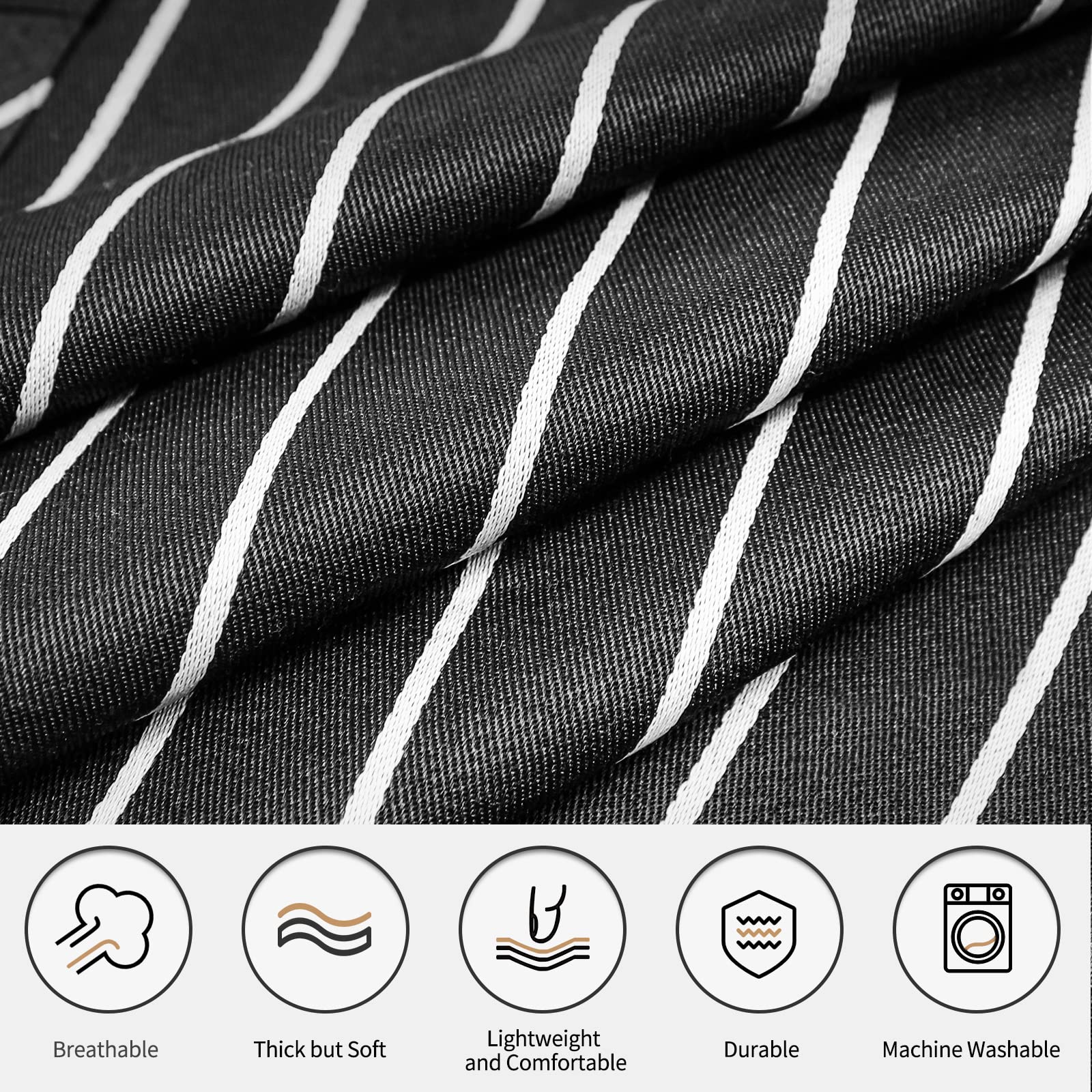 NLUS adjustable neck strap on a black and white striped apron