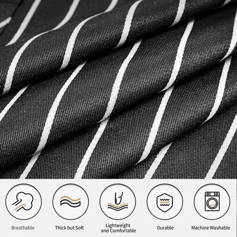 NLUS adjustable neck strap on a black and white striped apron